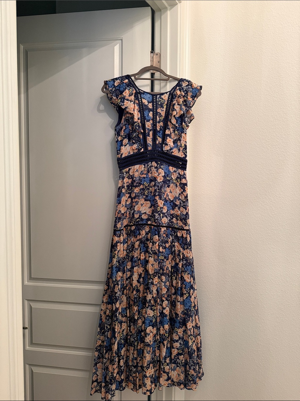 Women's Navy Floral Maxi Dress with Ruffle Sleeves